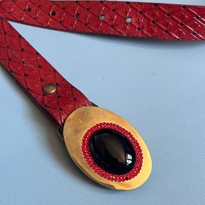 Signed Vintage Belt Red Leather Western Baron Buckle Brass Gemstones Boho Funky